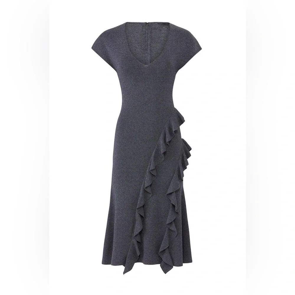 Sachin + Babi Rayon Heather Grey Knit Cascading Ruffles Feminine Dress Sz L